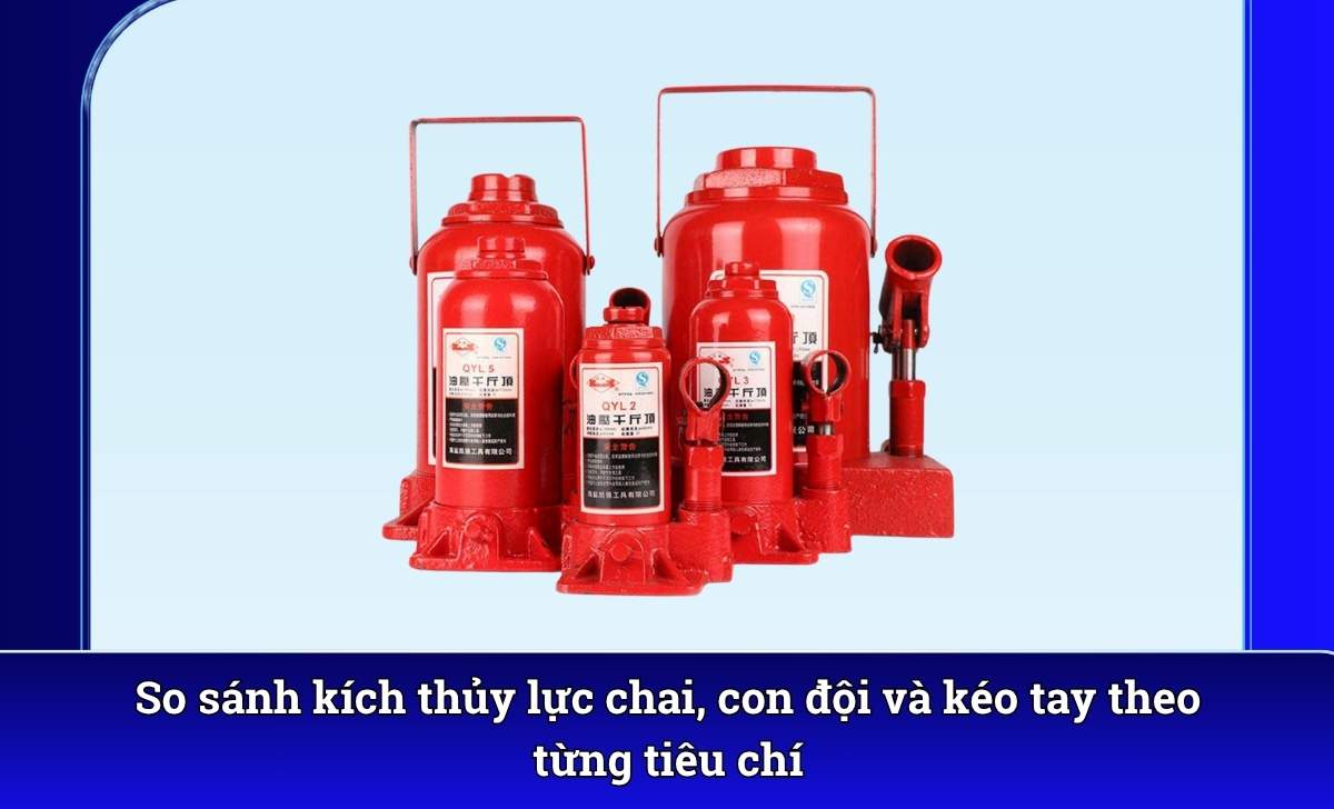 So sánh kích thủy lực chai, con đội và kéo tay theo từng tiêu chí