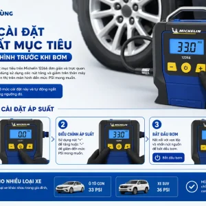Máy bơm Michelin 12266: 12V, tự ngắt, màn LCD