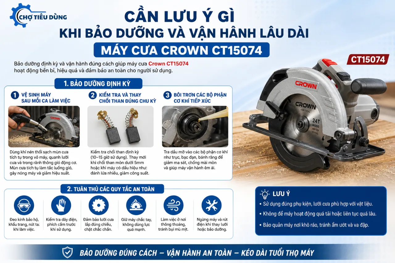 Cần lưu ý gì khi bảo dưỡng và vận hành lâu dài máy cưa Crown CT15074?