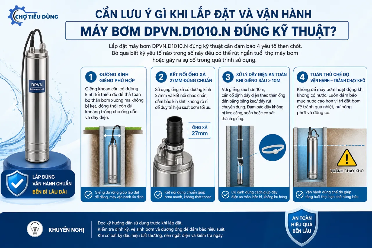 Cần lưu ý gì khi lắp đặt và vận hành máy bơm DPVN.D1010.N đúng kỹ thuật?