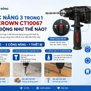 Máy Khoan Crown CT10067: 810W, Khoan Gỗ 40mm, Bê Tông 16mm