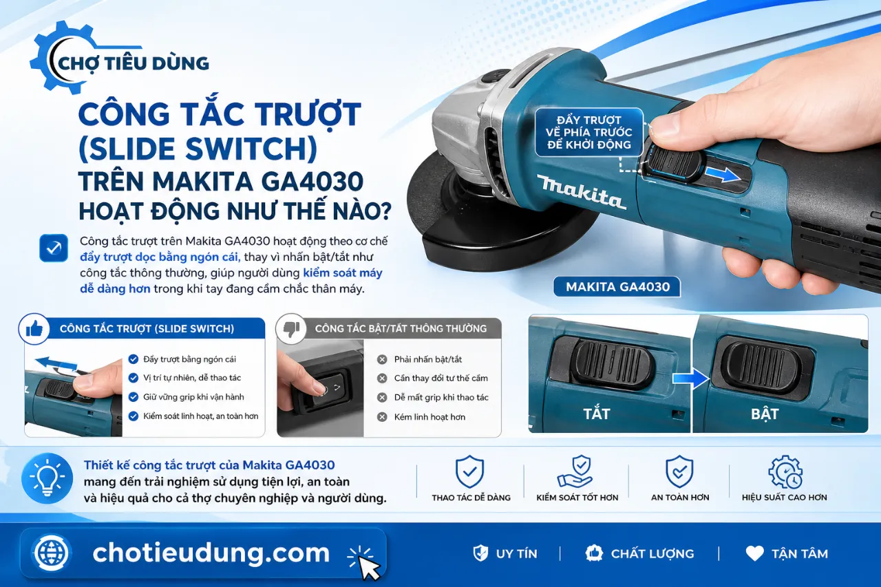Công Tắc Trượt (Slide Switch) Trên Makita GA4030 Hoạt Động Như Thế Nào?