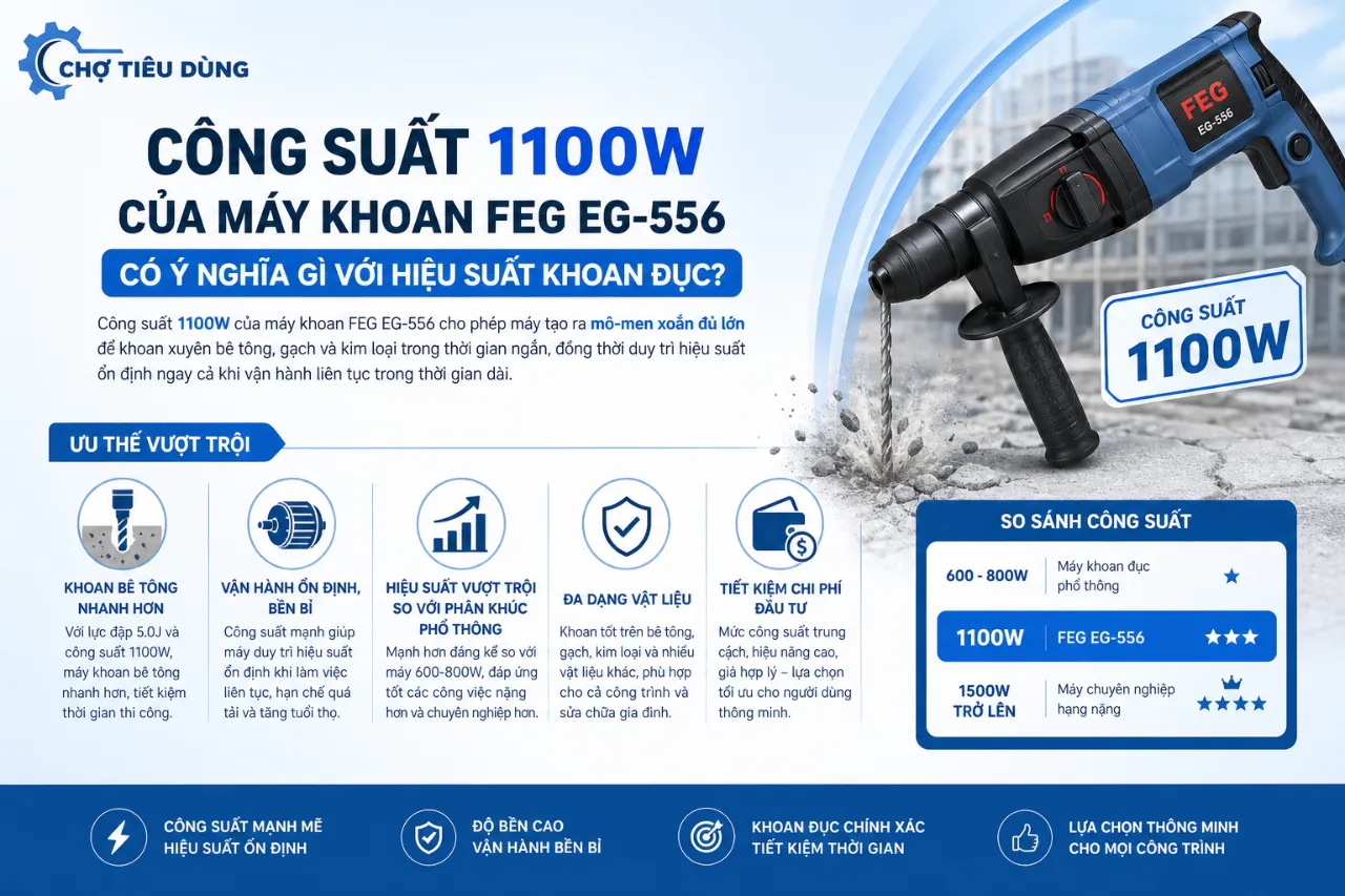 Công suất 1100W của máy khoan FEG EG-556 có ý nghĩa gì với hiệu suất khoan đục?
