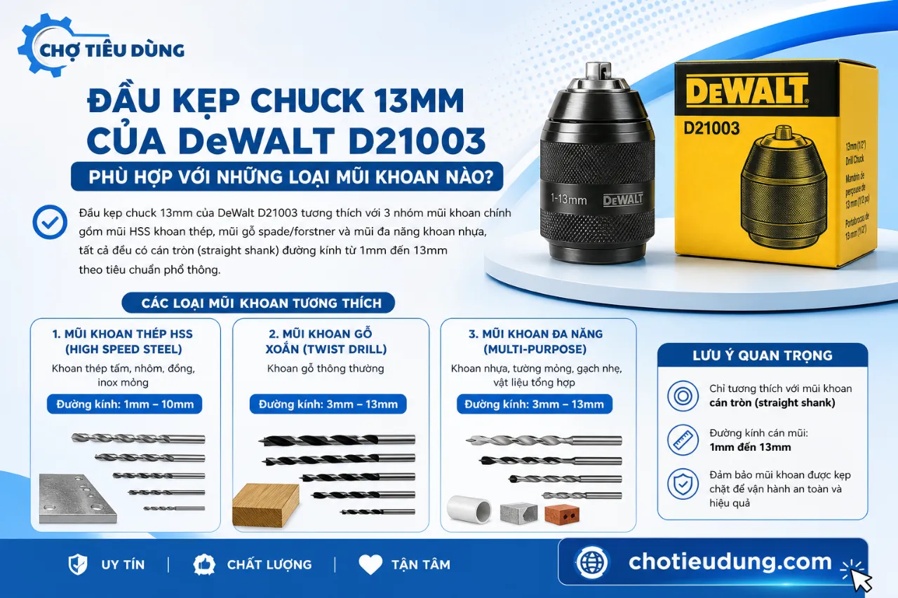 Đầu Kẹp Chuck 13mm Của DeWalt D21003 Phù Hợp Với Những Loại Mũi Khoan Nào?