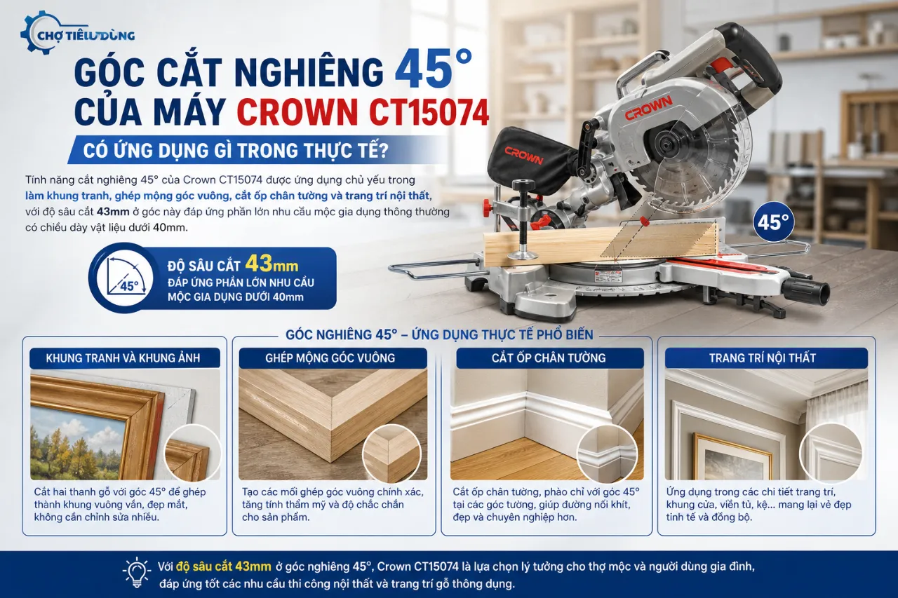 Góc cắt nghiêng 45° của máy Crown CT15074 có ứng dụng gì trong thực tế?