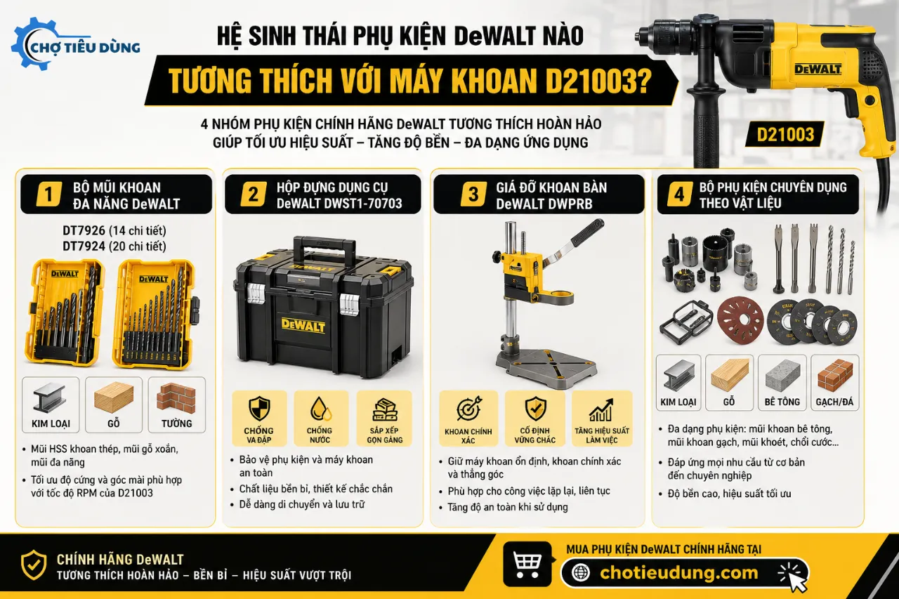 Hệ Sinh Thái Phụ Kiện DeWalt Nào Tương Thích Với Máy Khoan D21003?