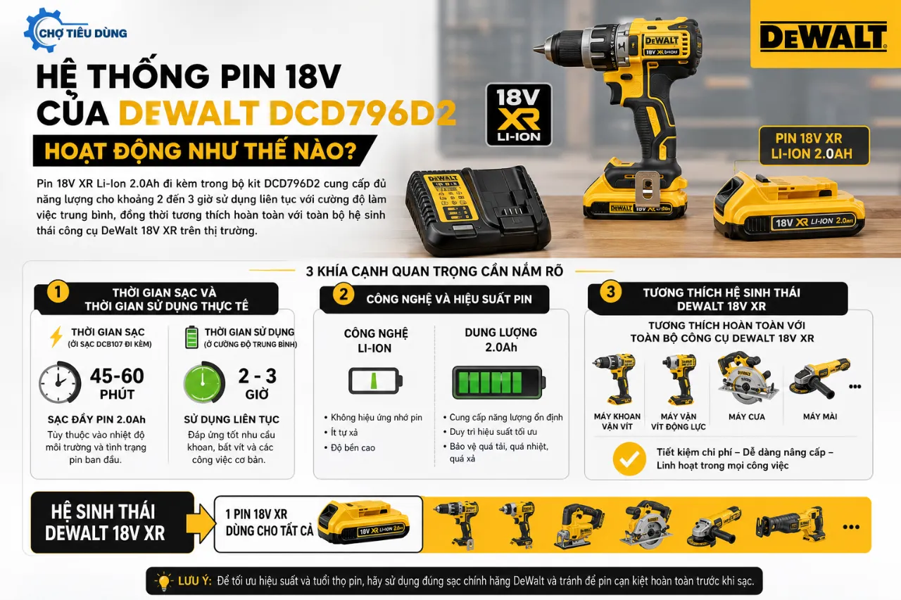 Hệ Thống Pin 18V Của DeWalt DCD796D2 Hoạt Động Như Thế Nào?