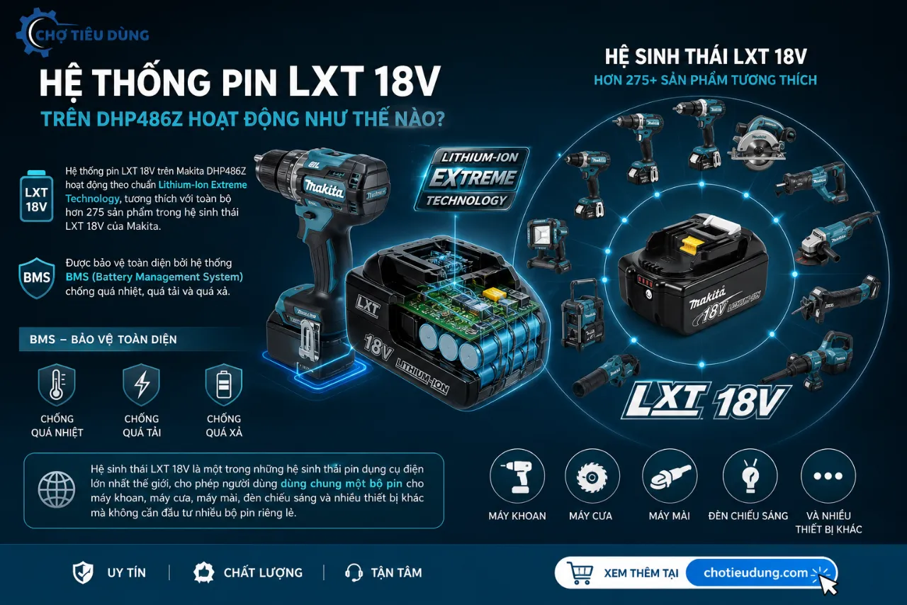 Hệ Thống Pin LXT 18V Trên DHP486Z Hoạt Động Như Thế Nào?