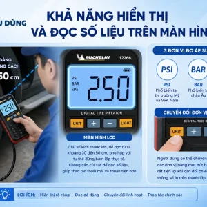 Máy bơm Michelin 12266: 12V, tự ngắt, màn LCD