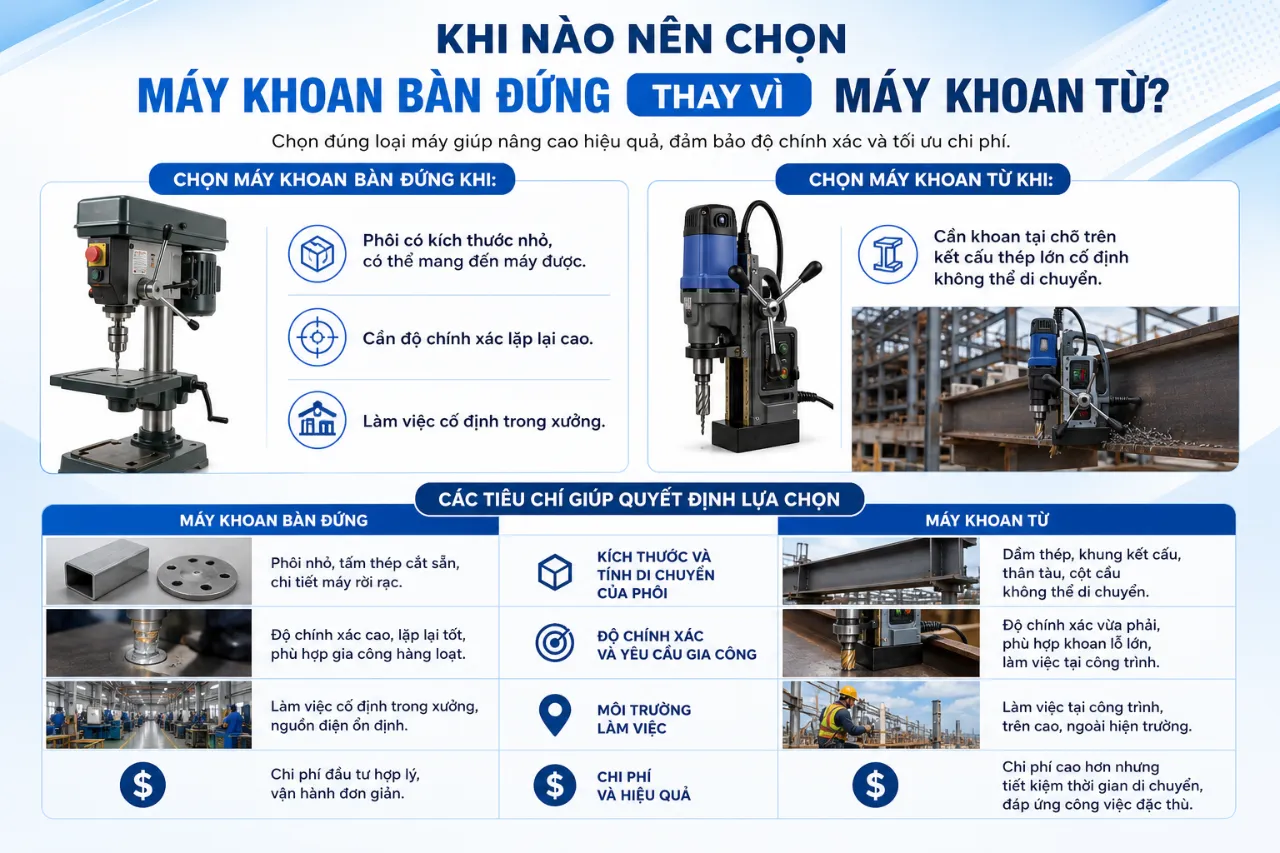 Khi nào nên chọn máy khoan bàn đứng thay vì máy khoan từ?