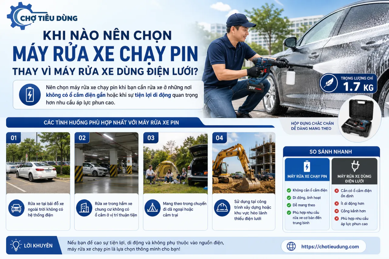 Khi nào nên chọn máy rửa xe chạy pin thay vì máy rửa xe dùng điện lưới?