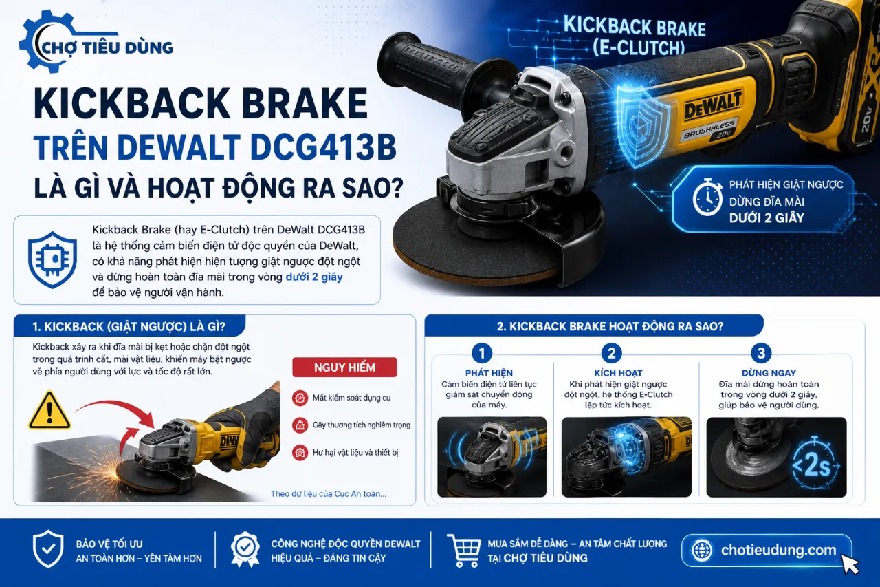 Kickback Brake Trên DeWalt DCG413B Là Gì Và Hoạt Động Ra Sao?