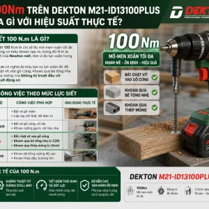 Máy khoan Dekton M21-ID13100PLUS: Dùng pin 21V, lực siết 100Nm