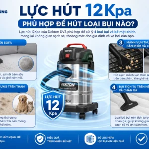 Máy hút bụi Dekton DV3: Lực hút 12Kpa, lọc HEPA