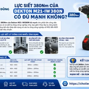 Máy siết bu lông Dekton M21-IW380N: Lực siết 380Nm, không chổi than