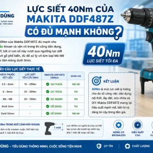 Máy khoan Makita DDF487Z 18V: BL, lực siết 40Nm, 2 tốc độ