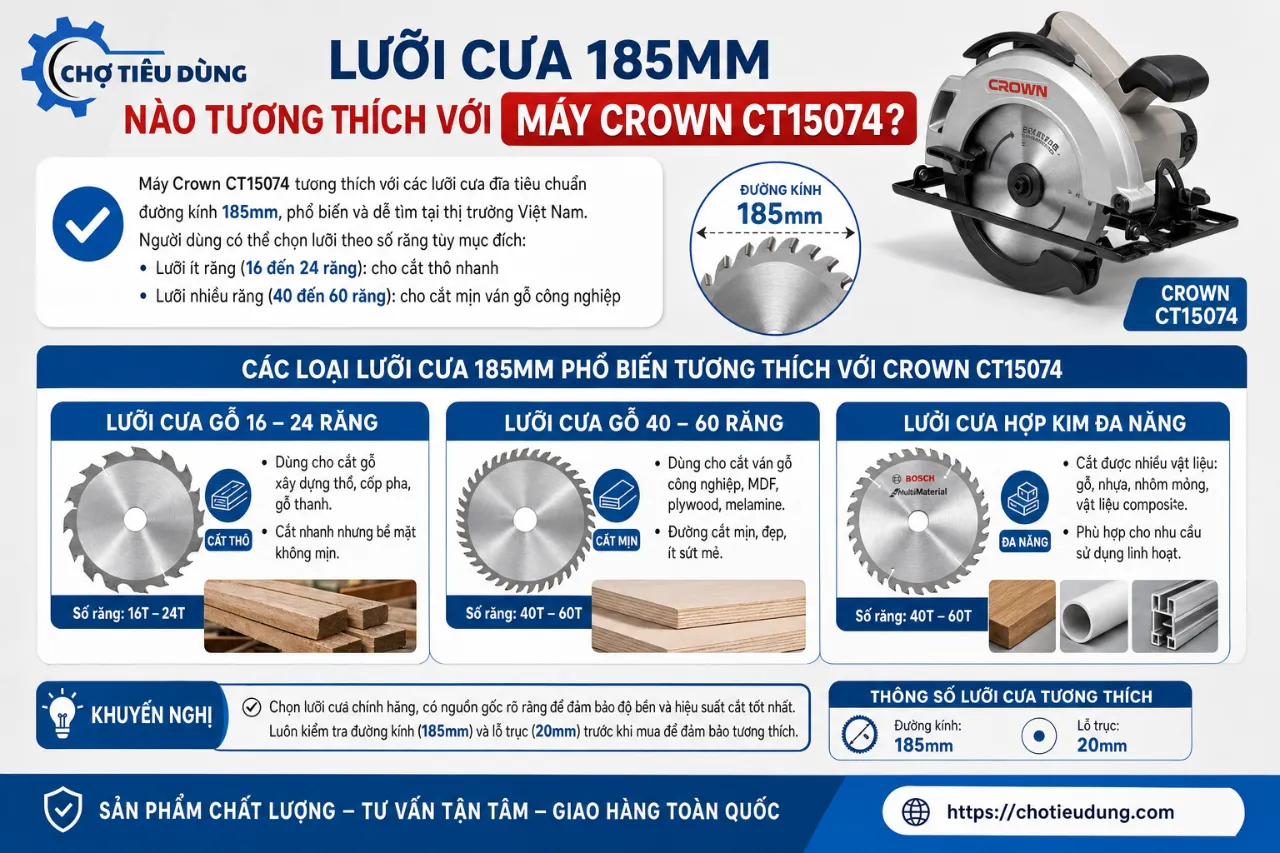 Lưỡi cưa 185mm nào tương thích với máy Crown CT15074?