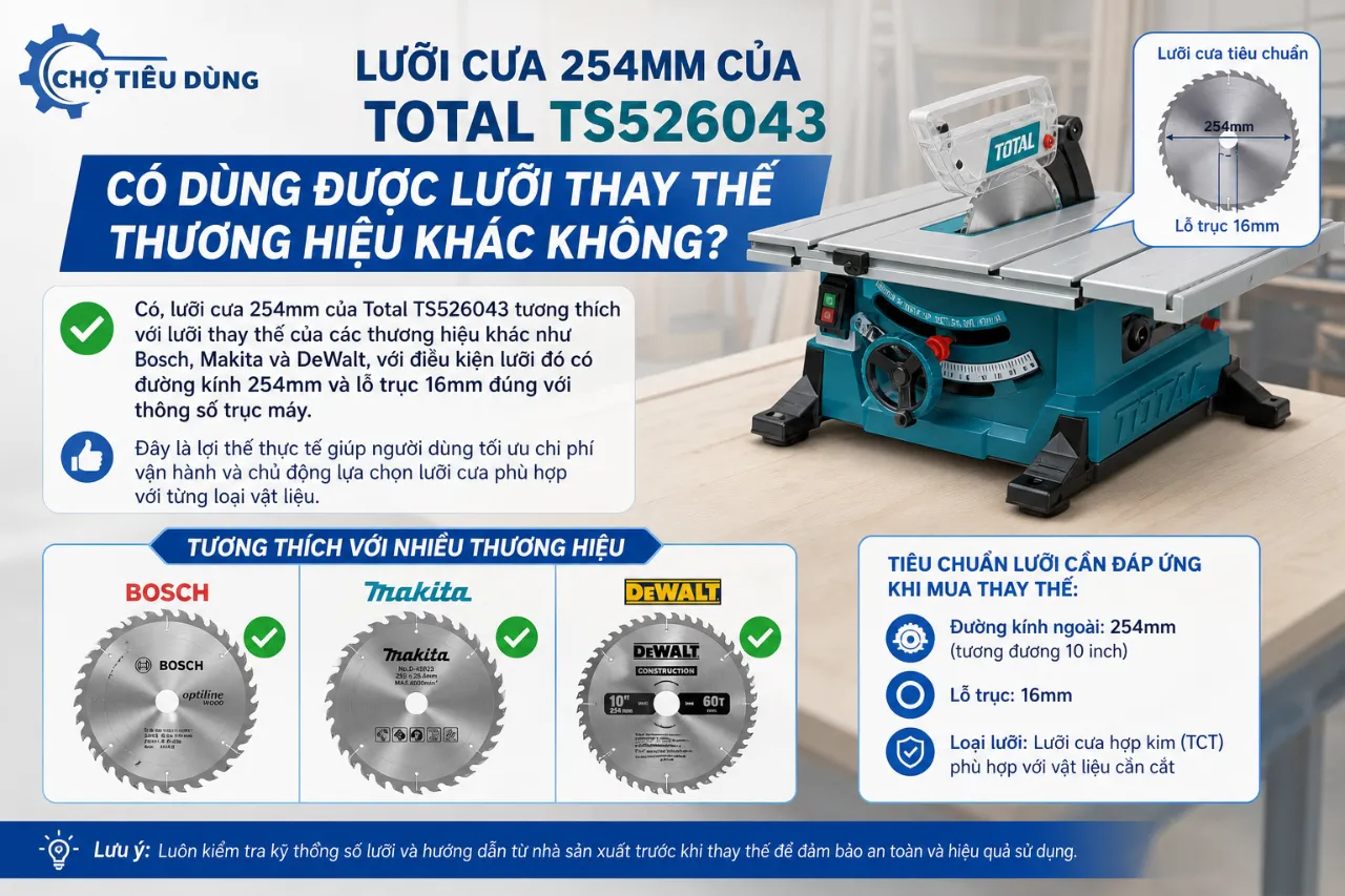 Lưỡi cưa 254mm của Total TS526043 có dùng được lưỡi thay thế thương hiệu khác không?