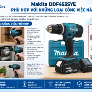Máy khoan Makita DDF453SYE: 18V, mô-men xoắn 42Nm