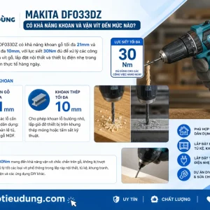 Máy khoan Makita DF033DZ: 12V, lực siết 30Nm nhỏ gọn