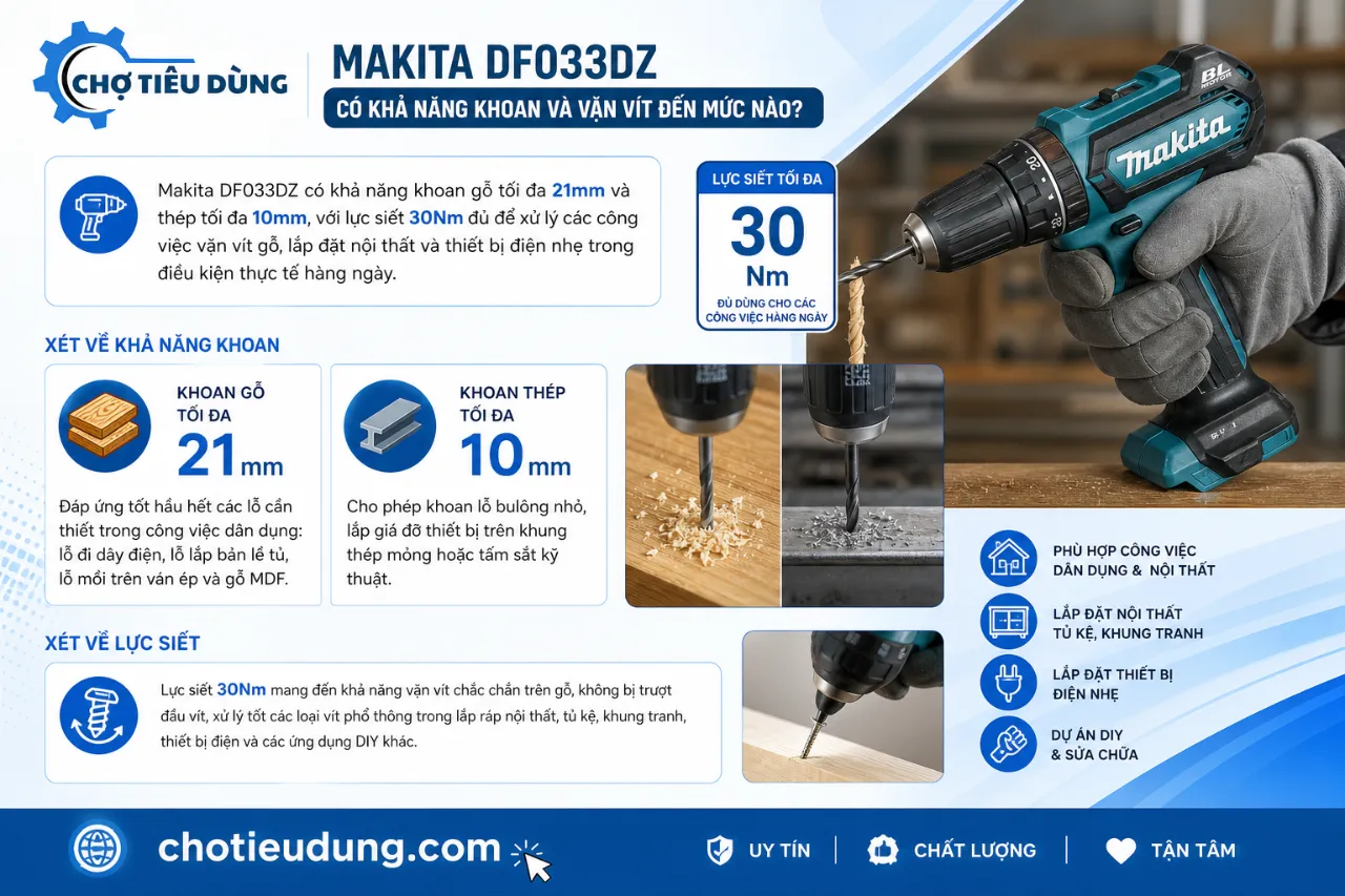 Makita DF033DZ có khả năng khoan và vặn vít đến mức nào?