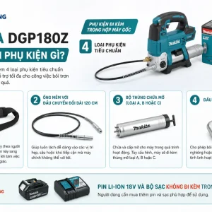 Máy bơm Makita DGP180Z: Dùng pin, 18V bơm mỡ, 10.000 PSI