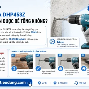 Máy khoan Makita DHP453Z: Dùng pin 18V, lực siết 42Nm