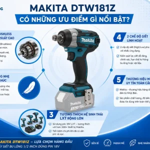 Máy siết bu lông Makita DTW181Z: 18V, không chổi than