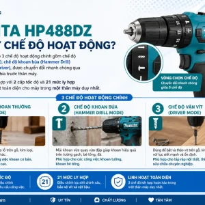 Máy khoan Makita HP488DZ: 18V, lực siết 42Nm