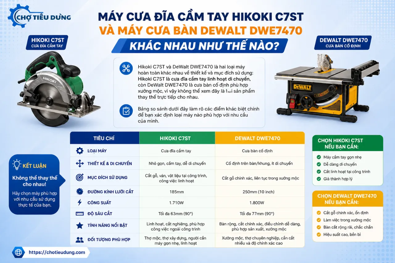 Máy Cưa Đĩa Cầm Tay Hikoki C7ST Và Máy Cưa Bàn DeWalt DWE7470 Khác Nhau Như Thế Nào?