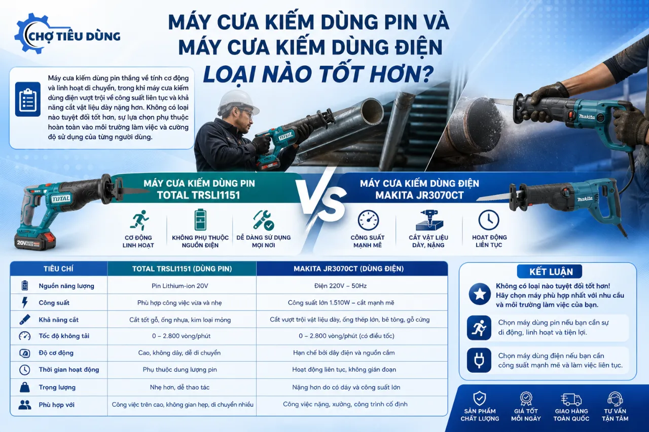 Máy Cưa Kiếm Dùng Pin Và Máy Cưa Kiếm Dùng Điện Loại Nào Tốt Hơn?