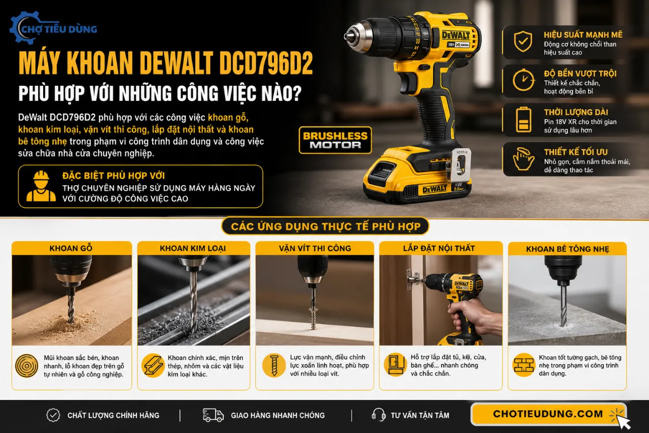 Máy Khoan DeWalt DCD796D2 Phù Hợp Với Những Công Việc Nào?