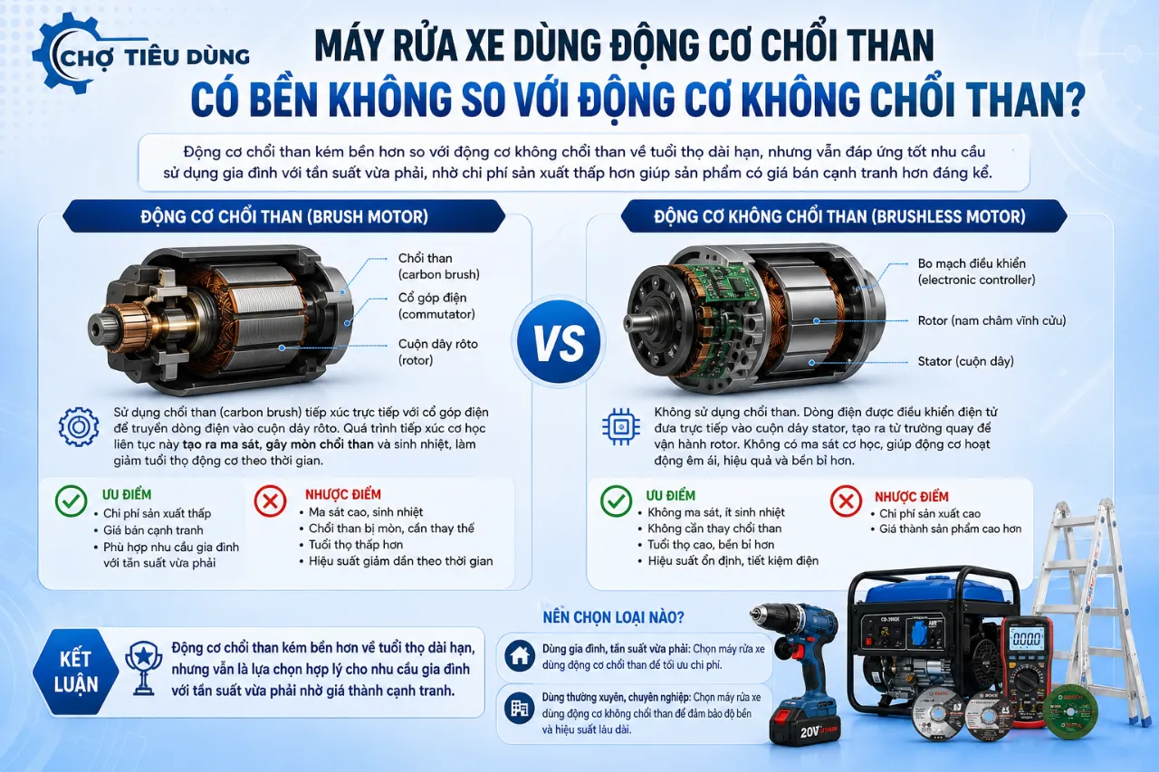 Máy Rửa Xe Dùng Động Cơ Chổi Than Có Bền Không So Với Động Cơ Không Chổi Than?
