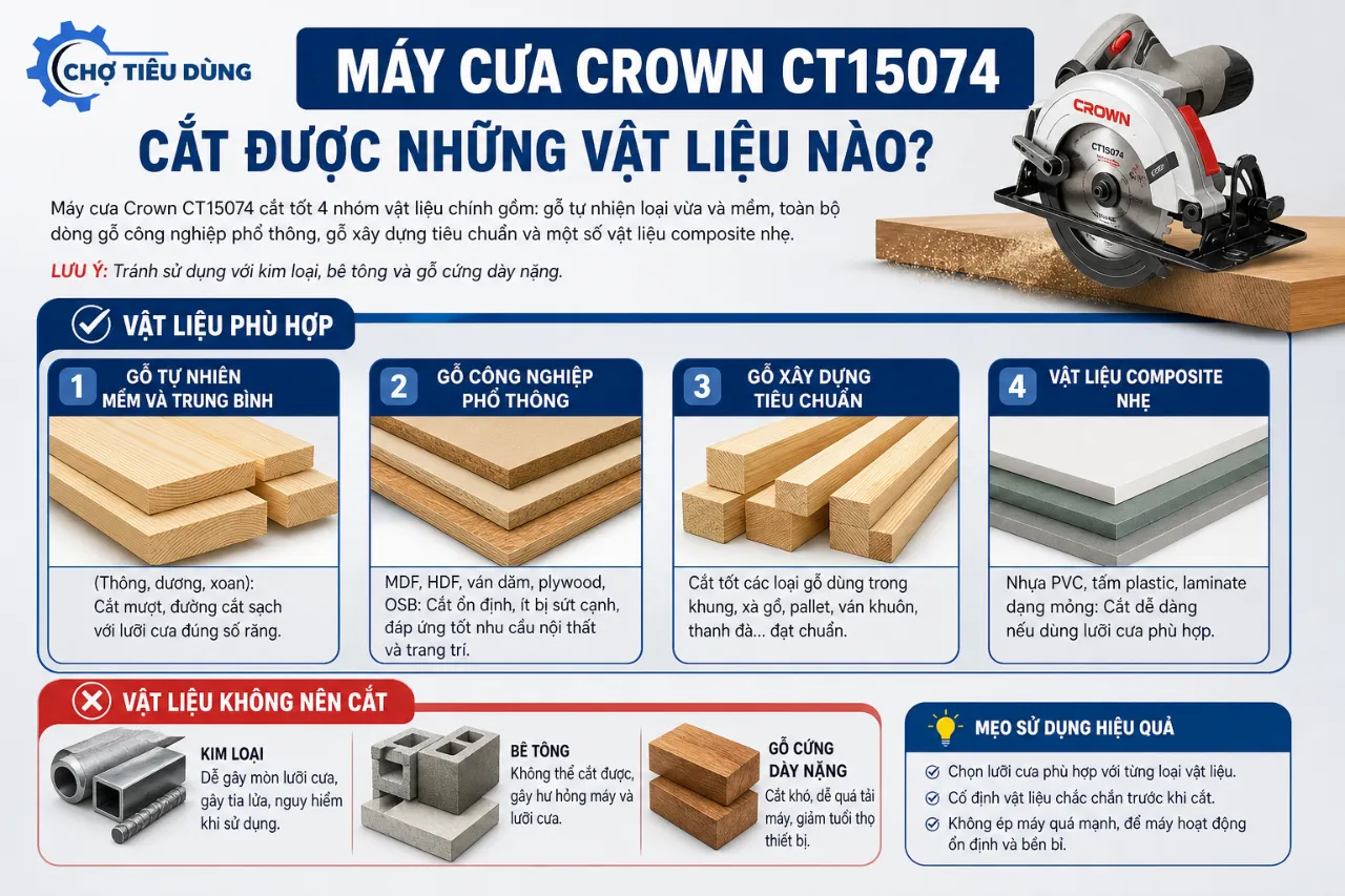 Máy cưa Crown CT15074 cắt được những vật liệu nào?