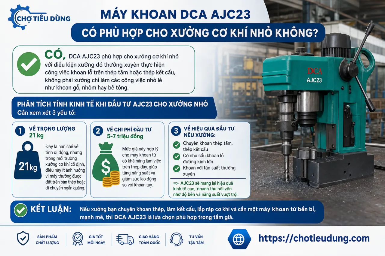 Máy khoan DCA AJC23 có phù hợp cho xưởng cơ khí nhỏ không?