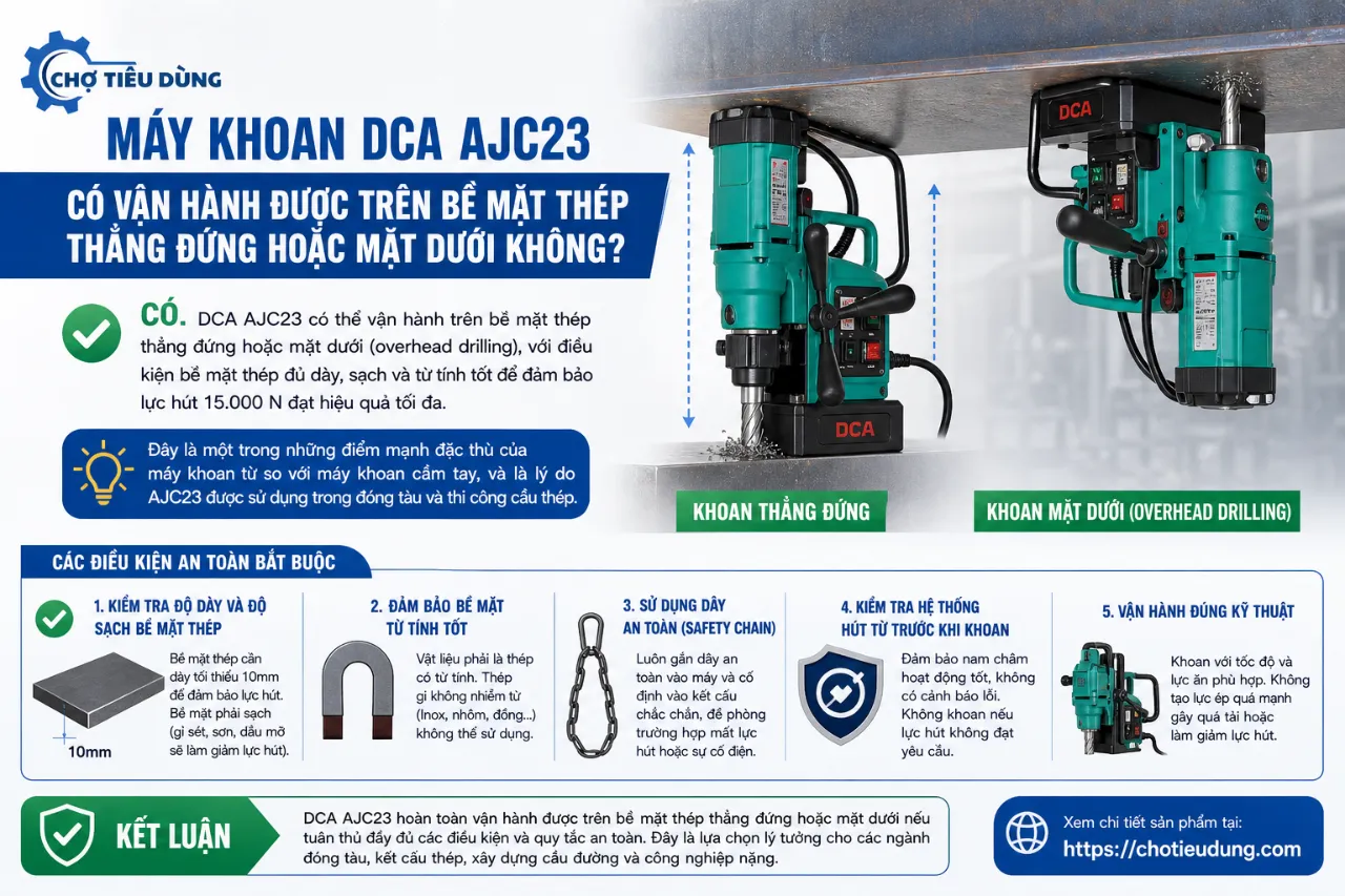 Máy khoan DCA AJC23 có vận hành được trên bề mặt thép thẳng đứng hoặc mặt dưới không?