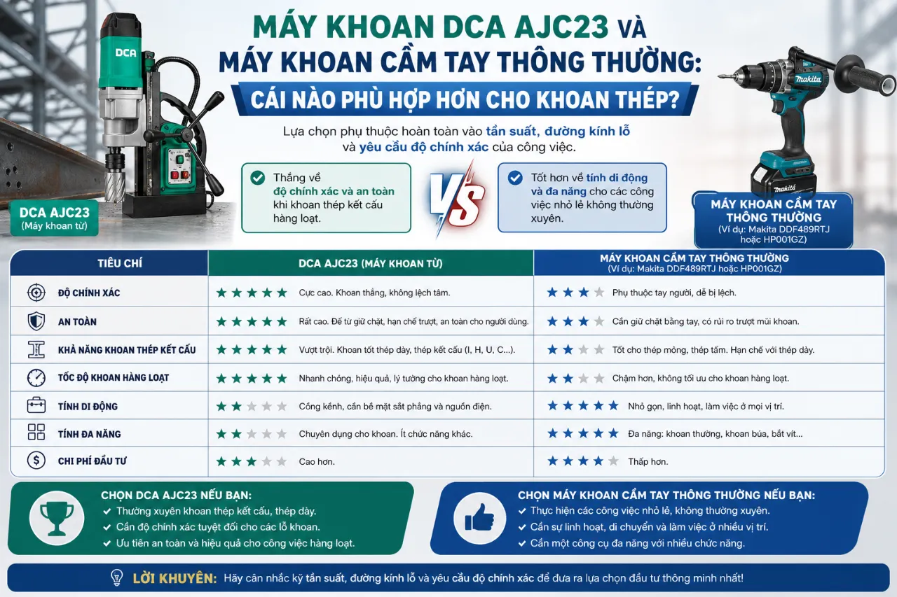 Máy khoan DCA AJC23 và máy khoan cầm tay thông thường: Cái nào phù hợp hơn cho khoan thép?