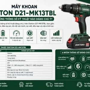 Máy khoan Dekton D21-MK13TBL: Dùng pin 21V, không chổi than