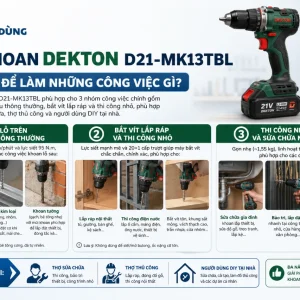 Máy khoan Dekton D21-MK13TBL: Dùng pin 21V, không chổi than