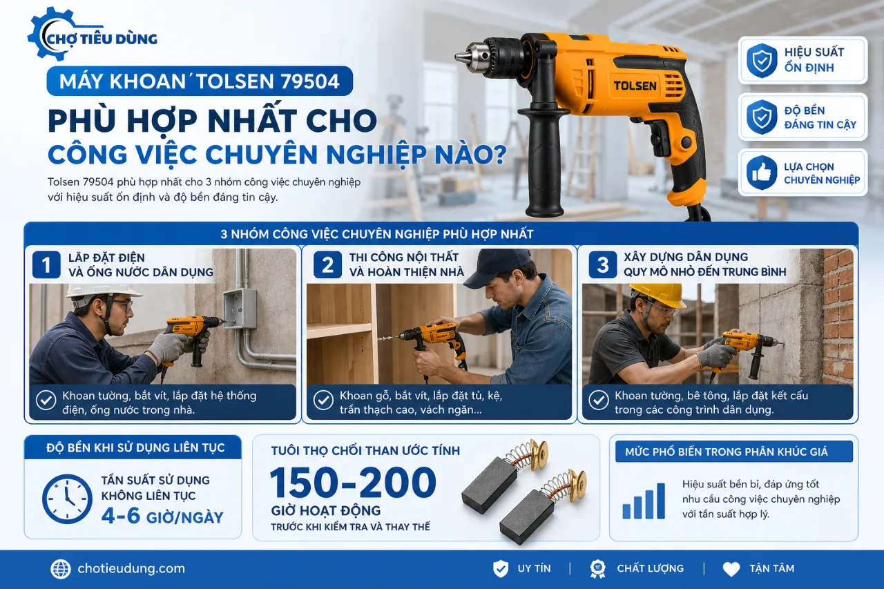 Máy khoan Tolsen 79504 phù hợp nhất cho công việc chuyên nghiệp nào?