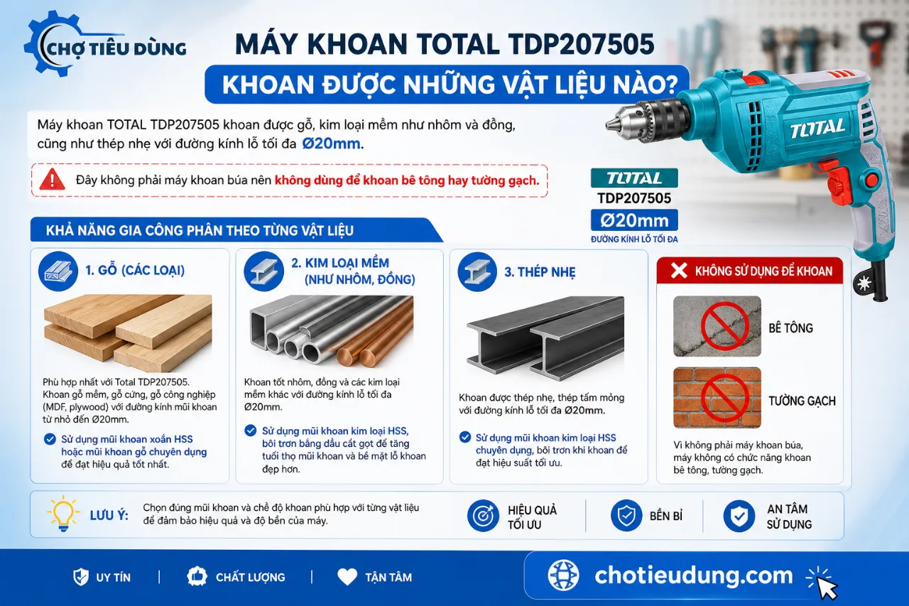 Máy khoan Total TDP207505 khoan được những vật liệu nào?