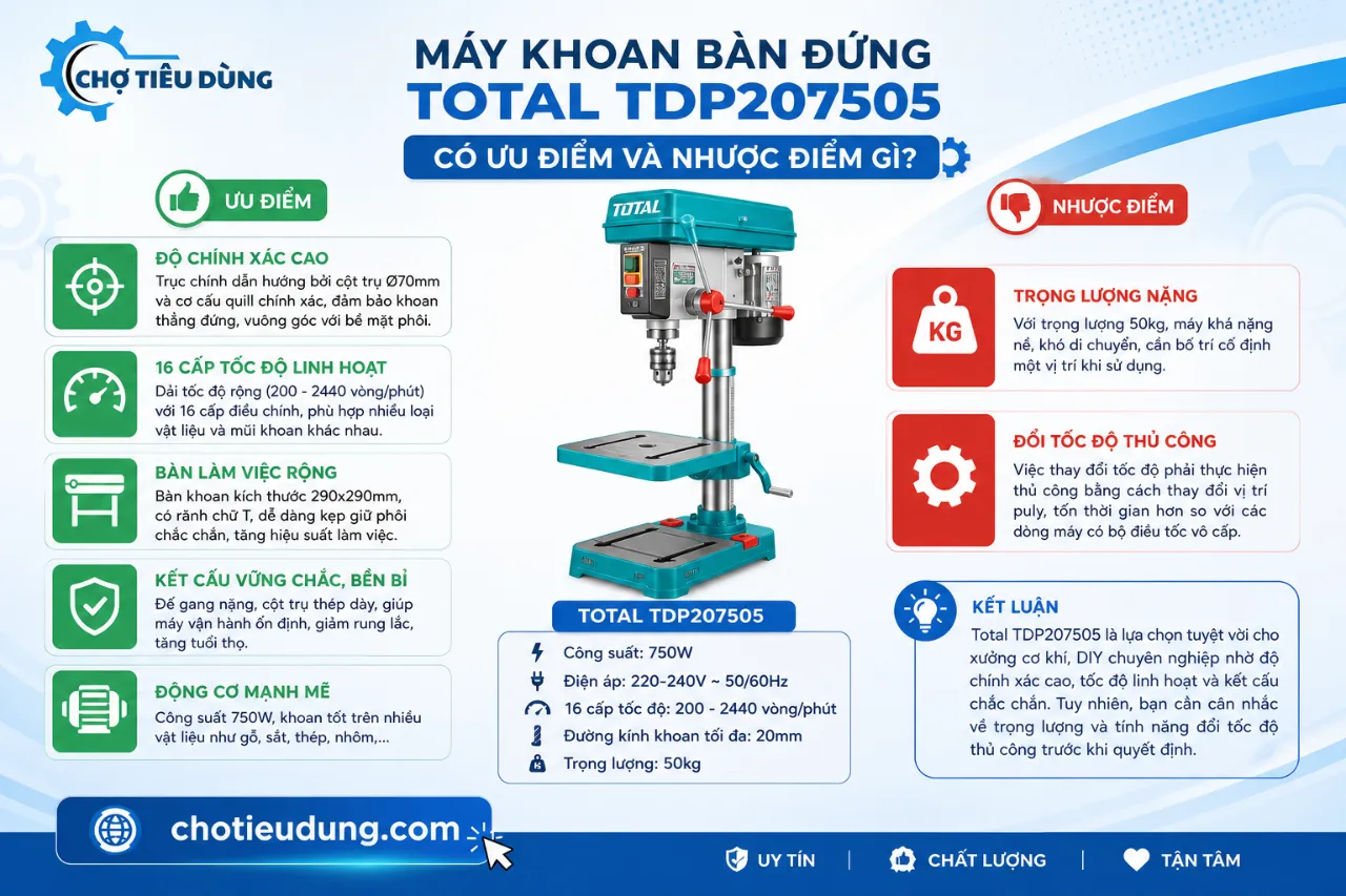 Máy khoan bàn đứng Total TDP207505 có ưu điểm và nhược điểm gì?