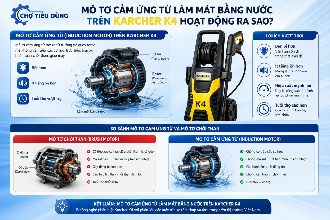 Mô tơ cảm ứng từ làm mát bằng nước trên Karcher K4 hoạt động ra sao?