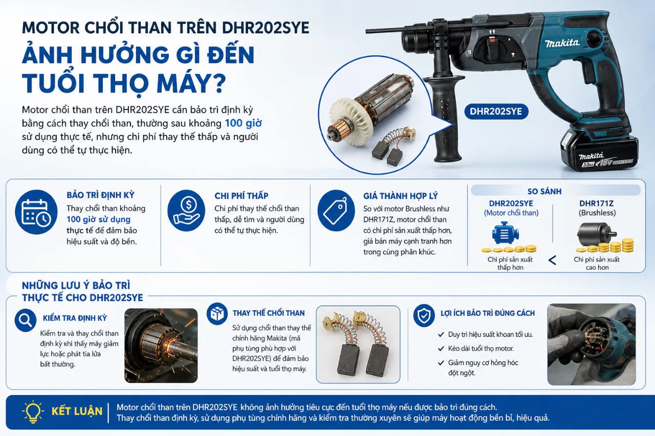 Motor chổi than trên DHR202SYE ảnh hưởng gì đến tuổi thọ máy?