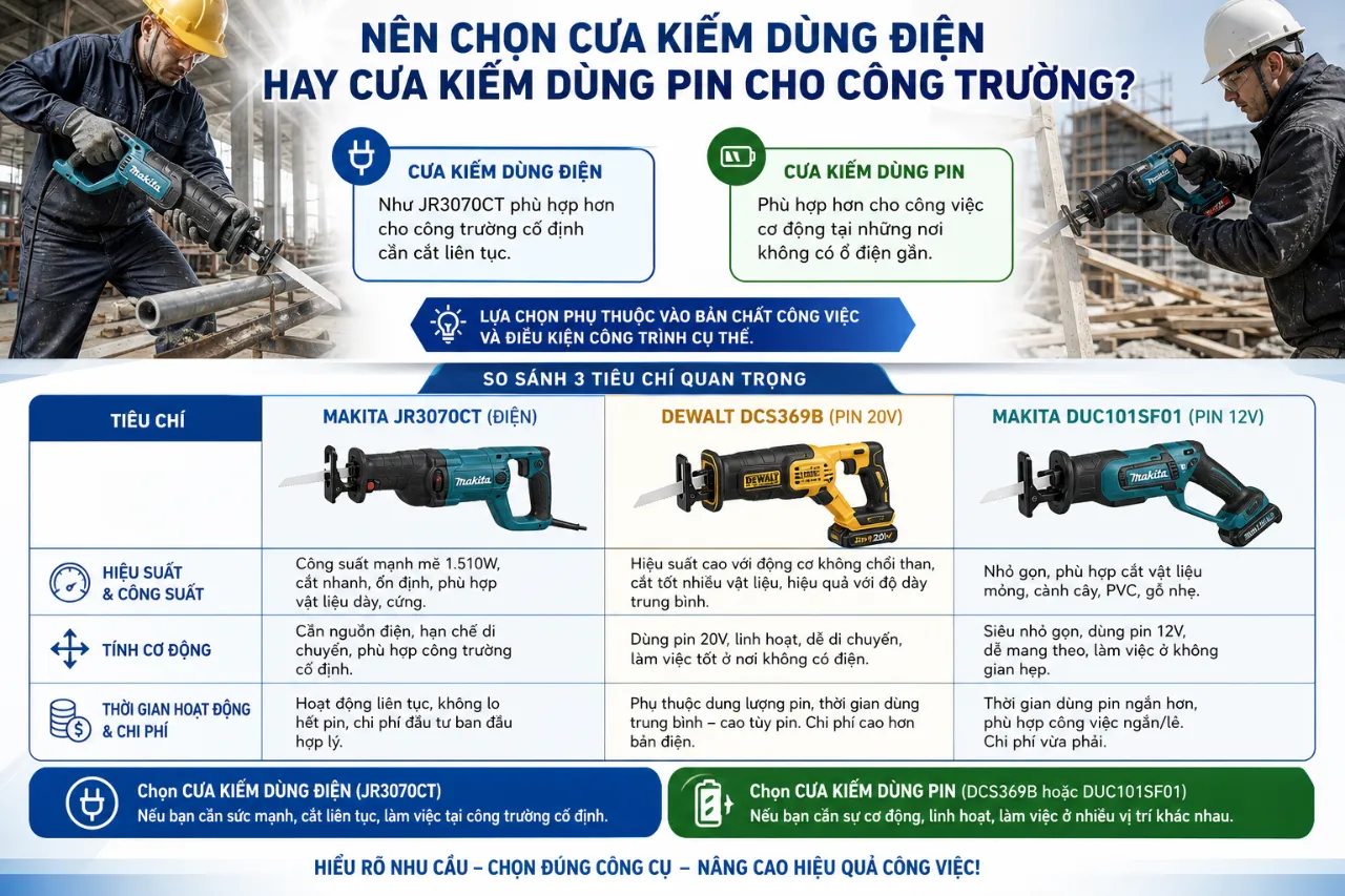 Nên chọn cưa kiếm dùng điện hay cưa kiếm dùng pin cho công trường?