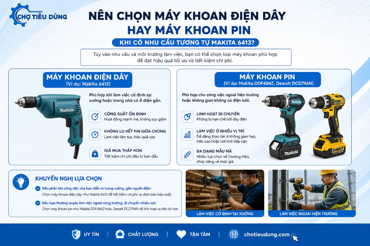 Nên chọn máy khoan điện dây hay máy khoan pin khi có nhu cầu tương tự Makita 6413?