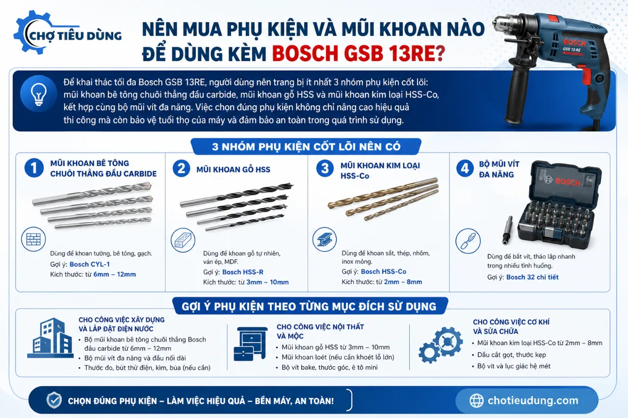 Nên mua phụ kiện và mũi khoan nào để dùng kèm Bosch GSB 13RE?