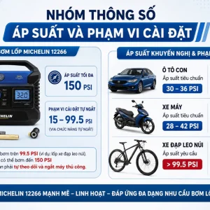 Máy bơm Michelin 12266: 12V, tự ngắt, màn LCD