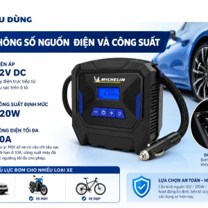Máy bơm Michelin 12266: 12V, tự ngắt, màn LCD