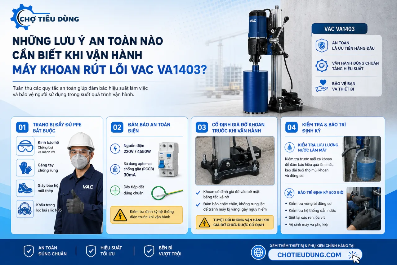Những Lưu Ý An Toàn Nào Cần Biết Khi Vận Hành Máy Khoan Rút Lõi VAC VA1403?